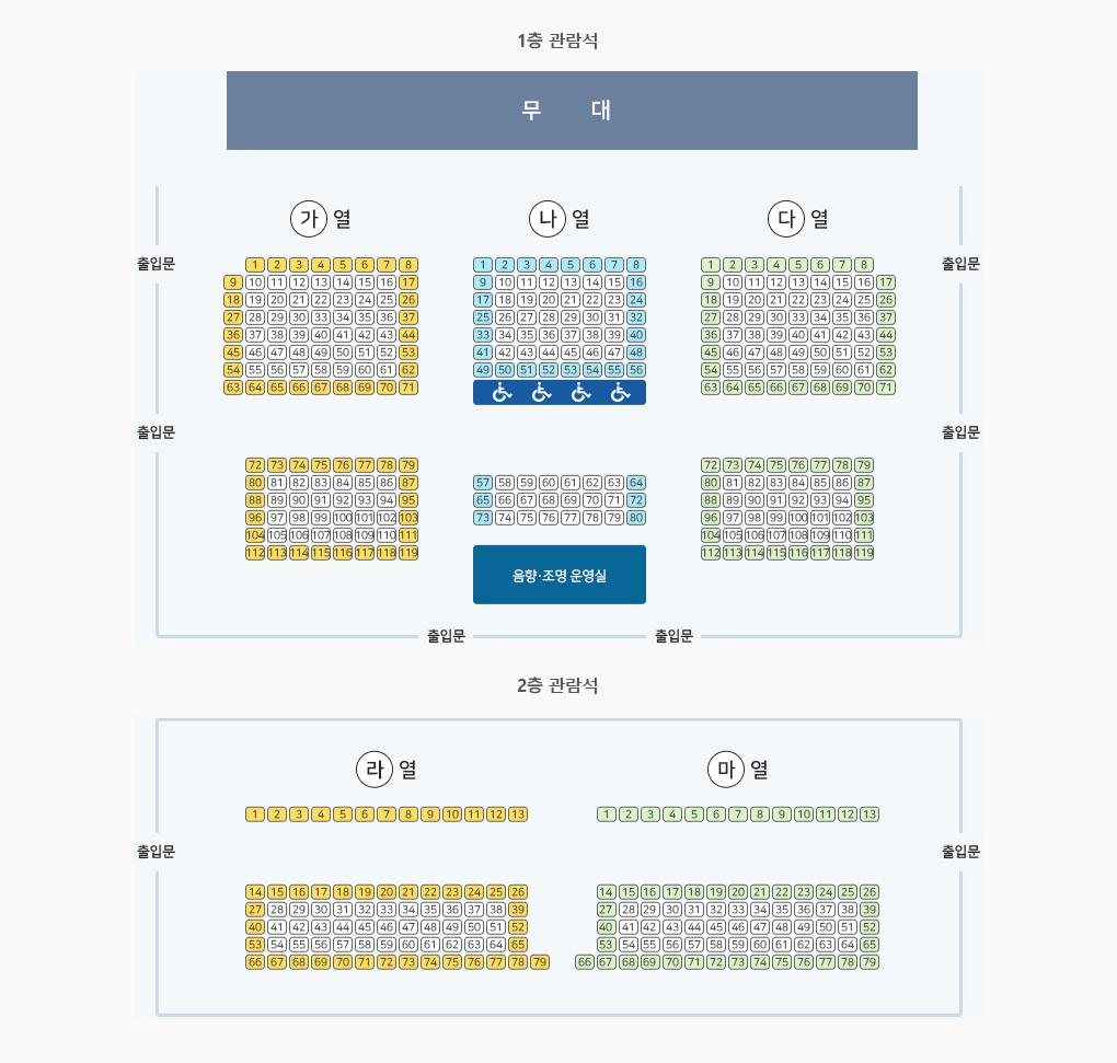 1층 관람석 가열, 나열, 다열 / 2층 관람석 라열, 마열
